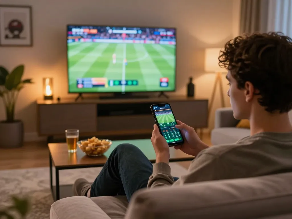 Bong88 betting on a sports game through a smartphone in a cozy living room setting.