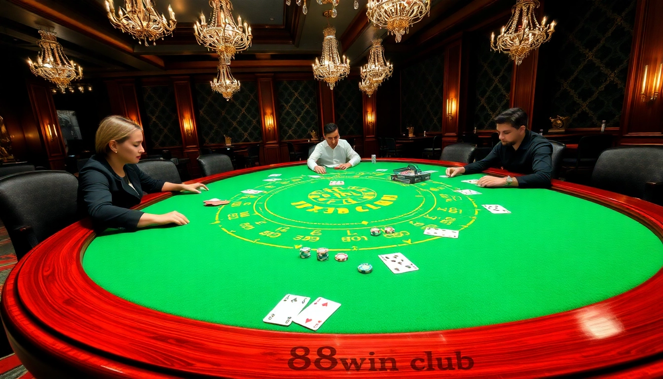 Players enjoying a game of blackjack at the 98win club casino table with vibrant atmosphere.