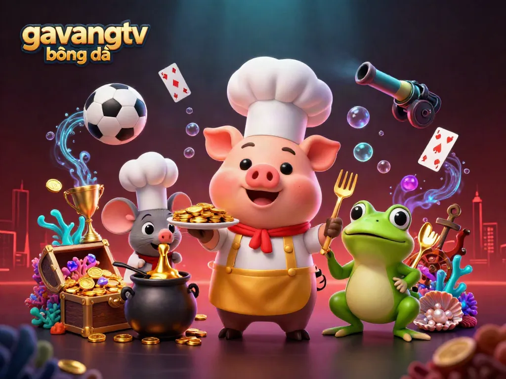 Engage with gavangtv bóng đá action-packed sports betting illustration featuring cartoon chef pig.