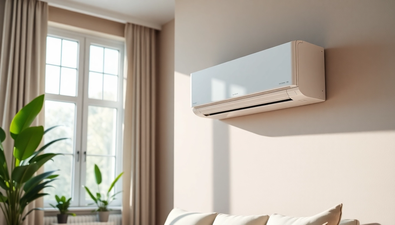 Installing a mini split AC system in a contemporary living room with natural light.