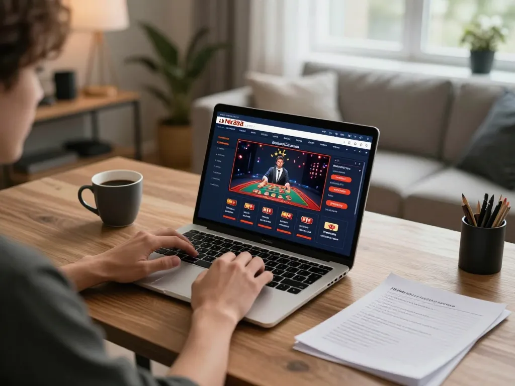 Engaged player using Nk88.com for online casino, showcasing live dealer gaming setup in cozy home environment