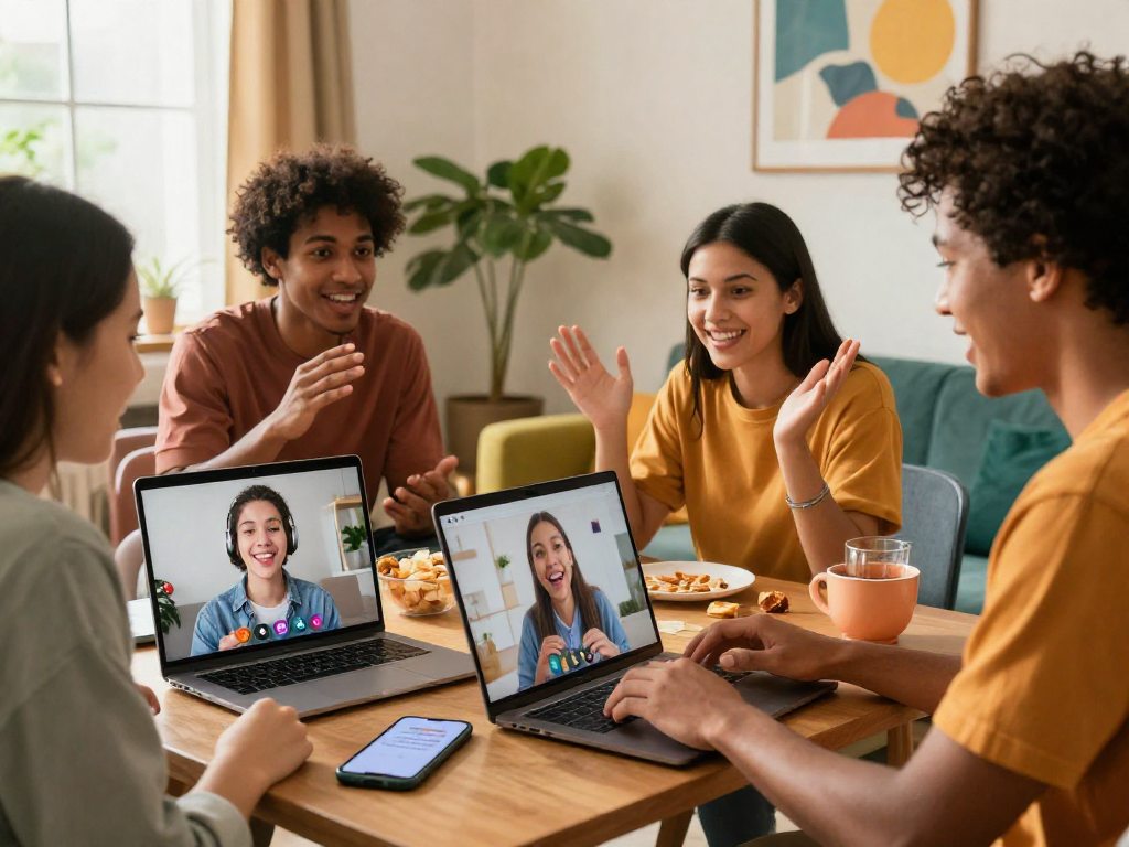 Friends engaging in a spicychat video call, showing lively expressions and home environments.