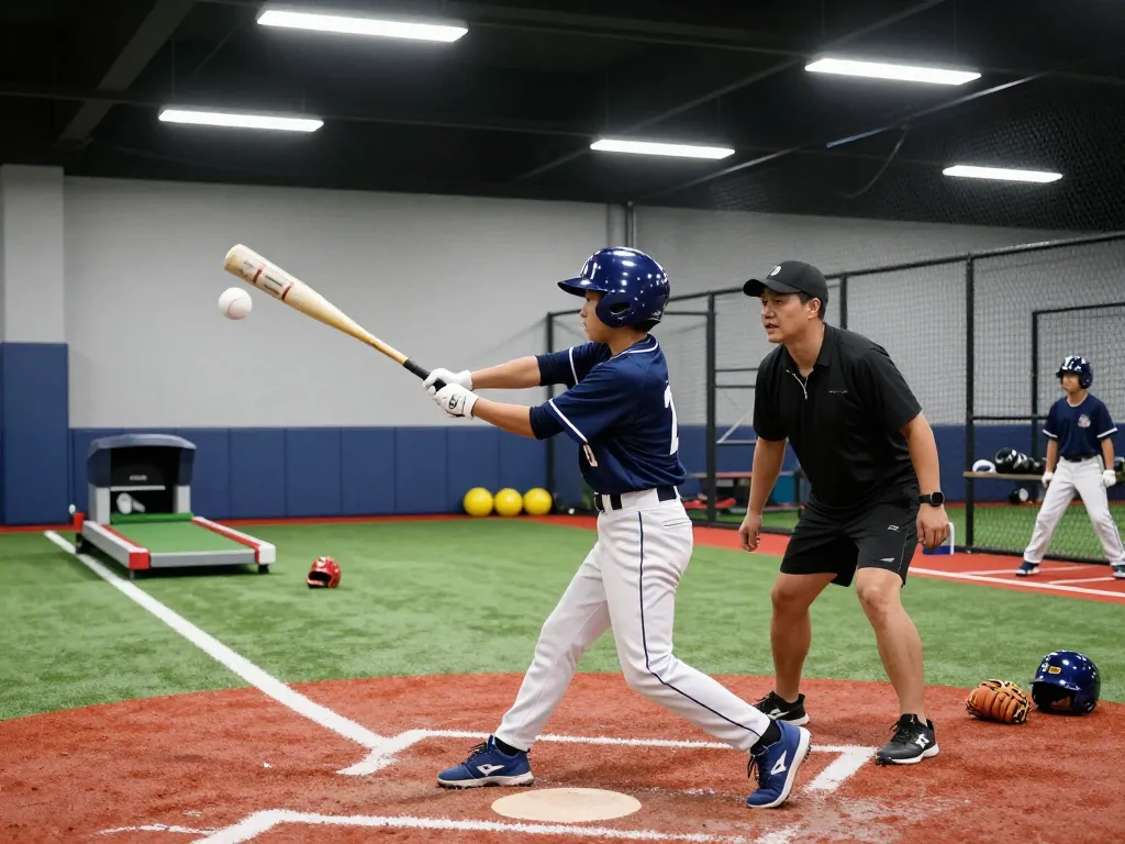 Young athlete at Hit Club practicing batting technique with coach in bright gym.