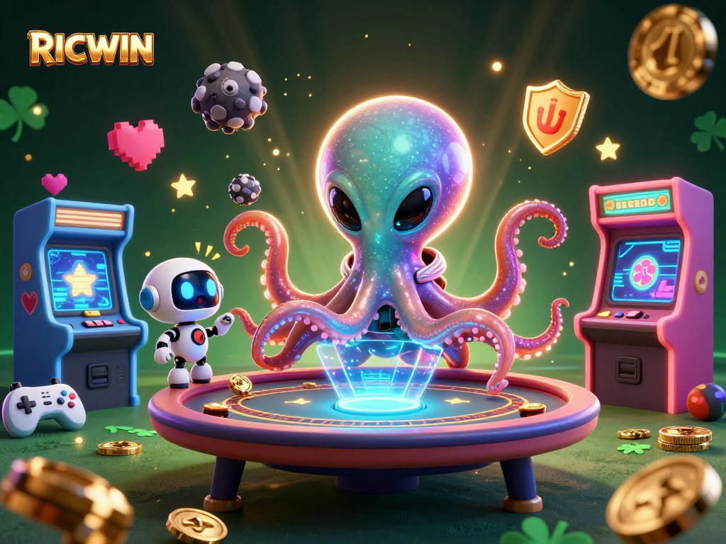 Play thrilling poker with RICWIN in a vibrant casino scene featuring an alien octopus and its robot.
