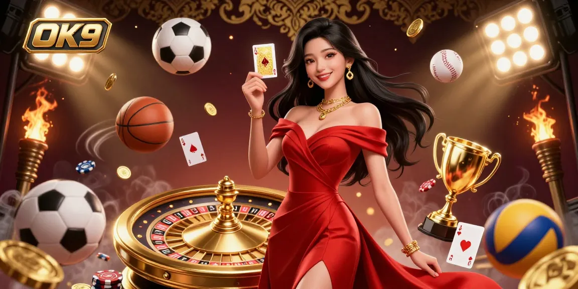 Experience the thrill of casino games with OK9 featuring a glamorous Asian woman, roulette wheel, and dynamic sports betting elements.