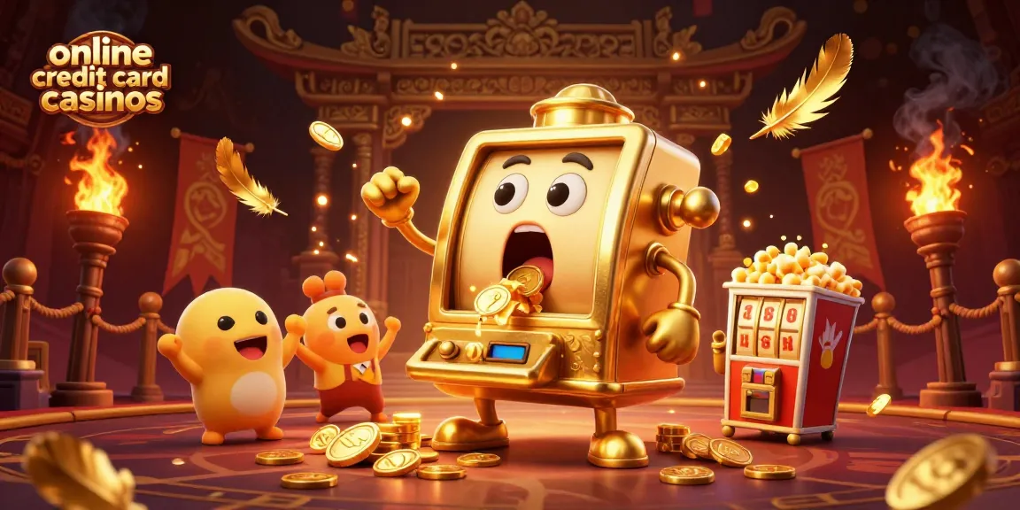 Experience the excitement at online credit card casinos with golden slot machines celebrating a big win!