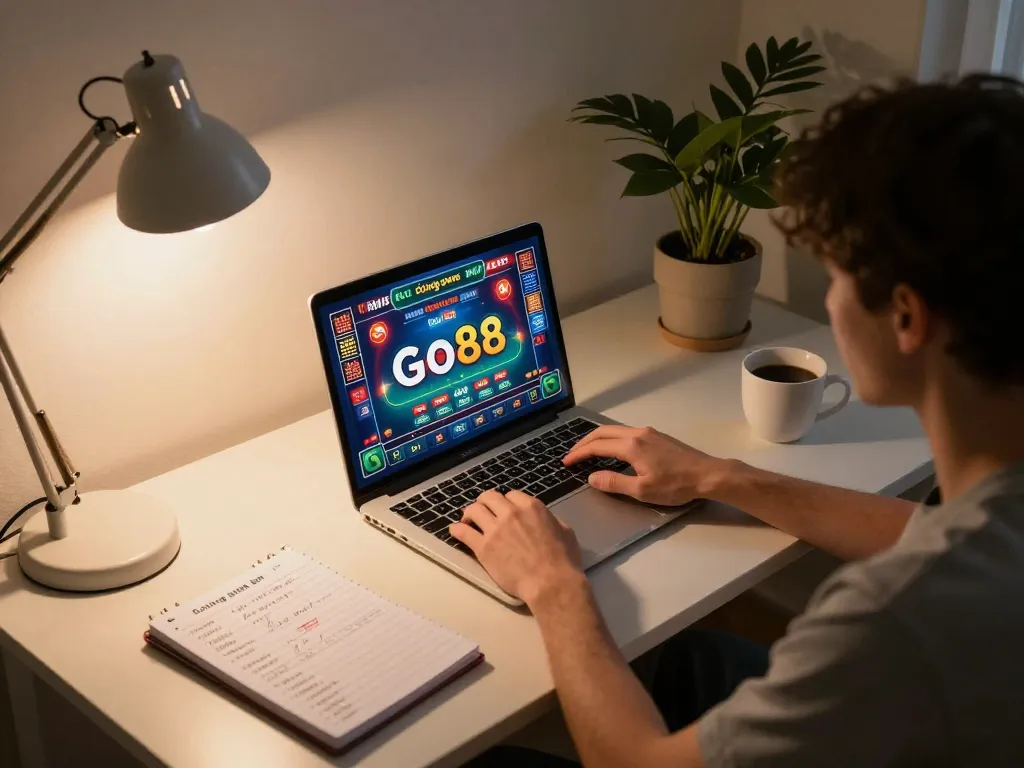Captivating scene of a player engaging with cổng game Go88 in a cozy home setup, emphasizing strategic online gaming.