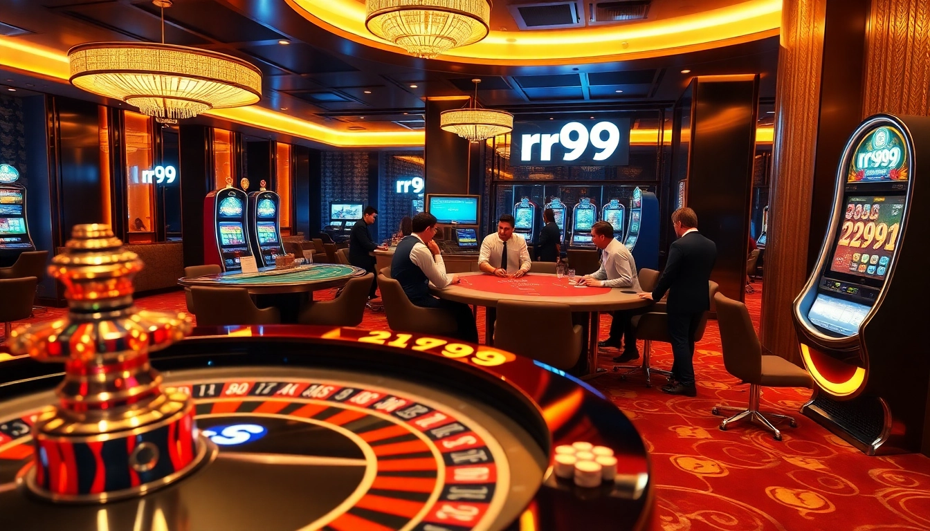 Exciting gaming action at rr99 casino with roulette, poker, and slots in vibrant atmosphere.