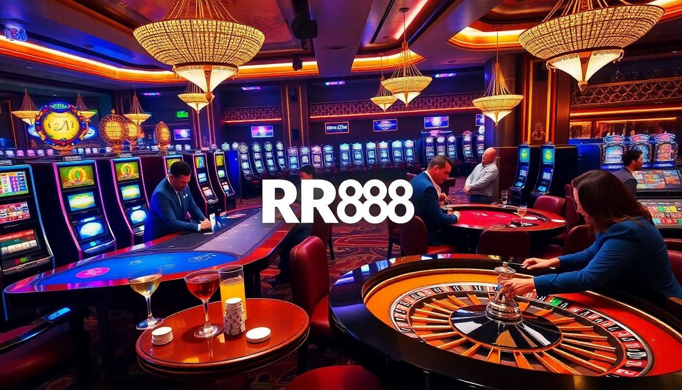 RR88 players enjoying an exciting casino experience with poker games and vibrant slot machines.