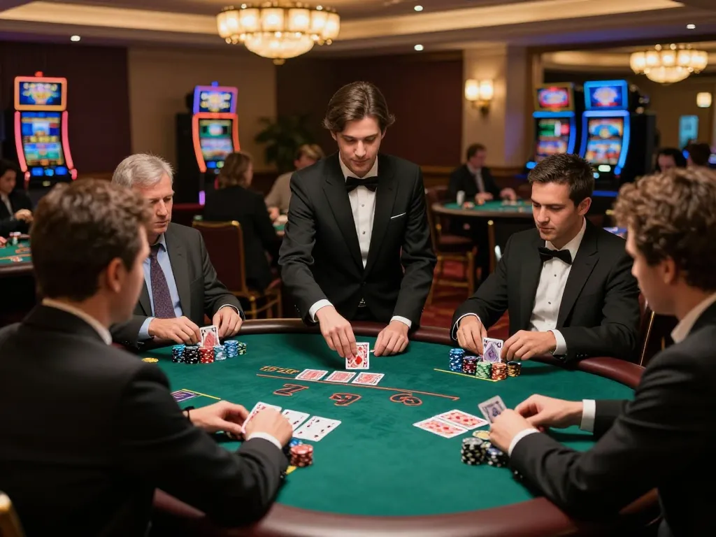 Engaged players taking strategic bets at blackjack table at https://mm88.green/ in elegant casino atmosphere.
