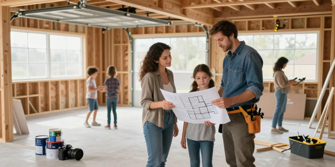 Family discussing plans with a garage conversion builder in a partially transformed garage.