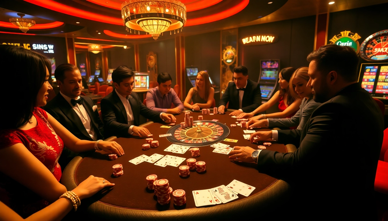 Players engaging in a thrilling poker game at 99ok, surrounded by vibrant casino elements.