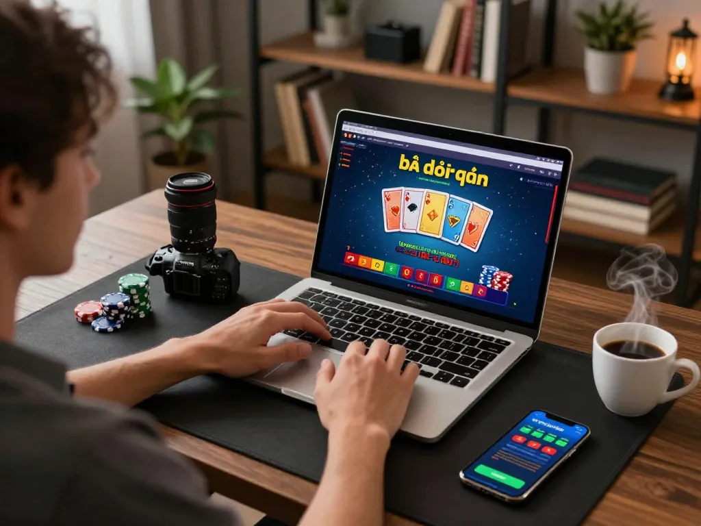 Engaging in game bài đổi thưởng from home, a player strategically prepares for their next online bet amidst a cozy setup.