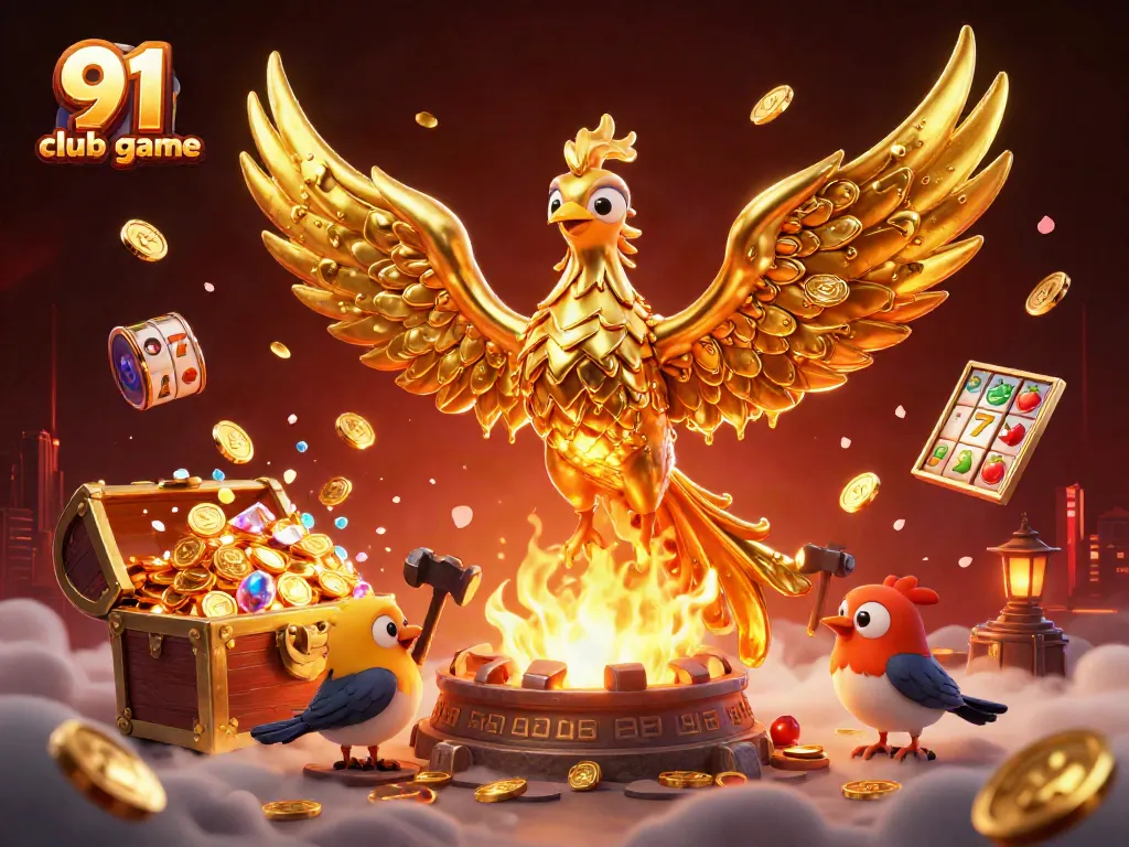 91 club game illustration of a molten phoenix and gaming elements in a vibrant casino scene.
