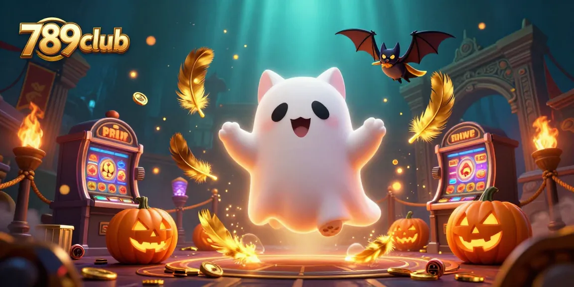 Engage with 789club's haunted casino fun, featuring a ghost cat, vampire bat, and glowing jack-o-lanterns.
