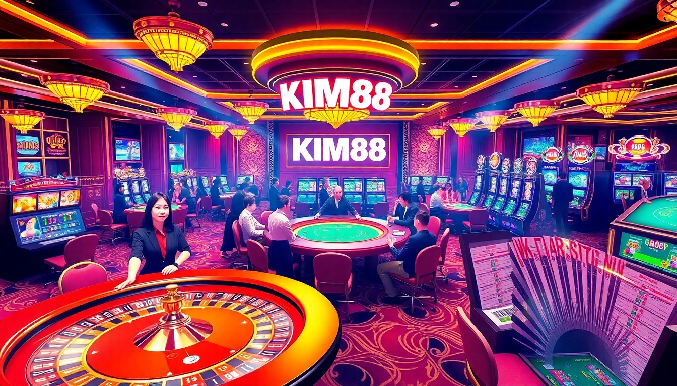 The casino gaming floor of https://kim-88.app/ with dynamic players engaging at poker and slot machines, showcasing excitement and luxury.