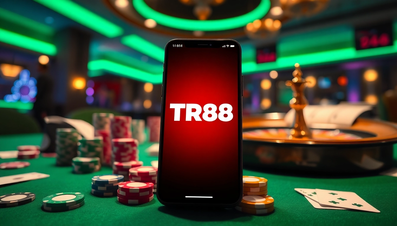 Engaging casino scene featuring the TR88 app on a smartphone with poker chips and roulette.
