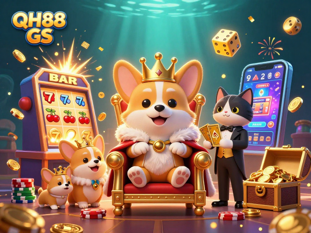 Experience the excitement of QH88 GS with vibrant corgis, a jackpot, and a thrilling casino atmosphere.