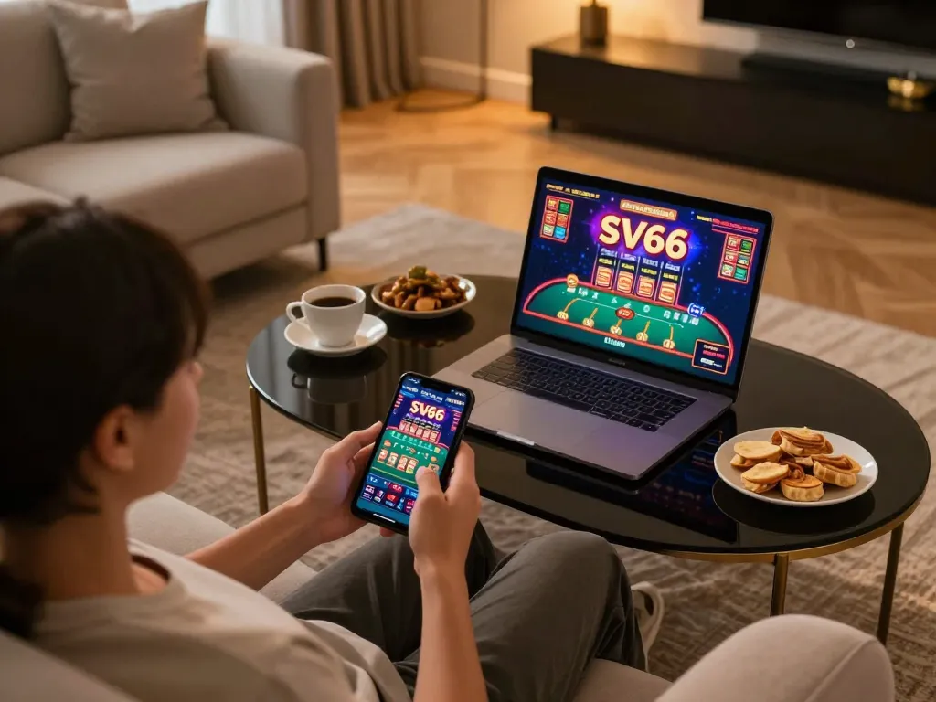 Engaging with the SV66 casino app on smartphone in a cozy home gaming atmosphere, showcasing live dealer games.