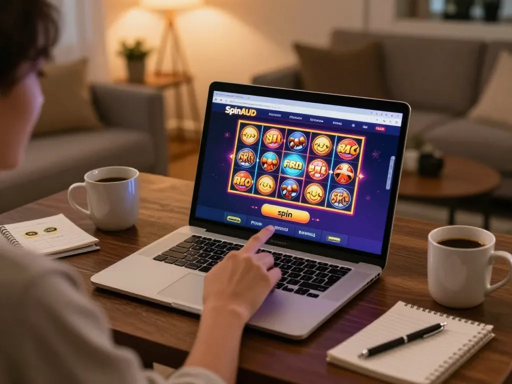 Person enjoying gameplay at SpinAUD casino online from a cozy home setting with vibrant pokies displayed.