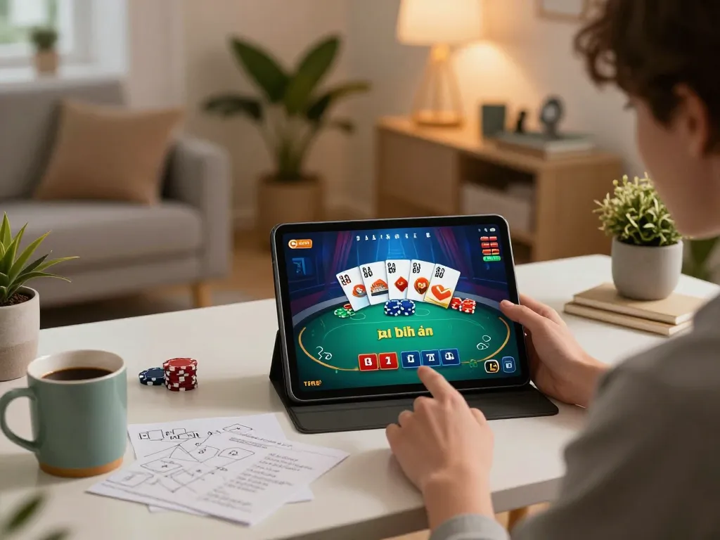 Player strategizing game bài đổi thưởng on tablet in cozy home setup with warm lighting