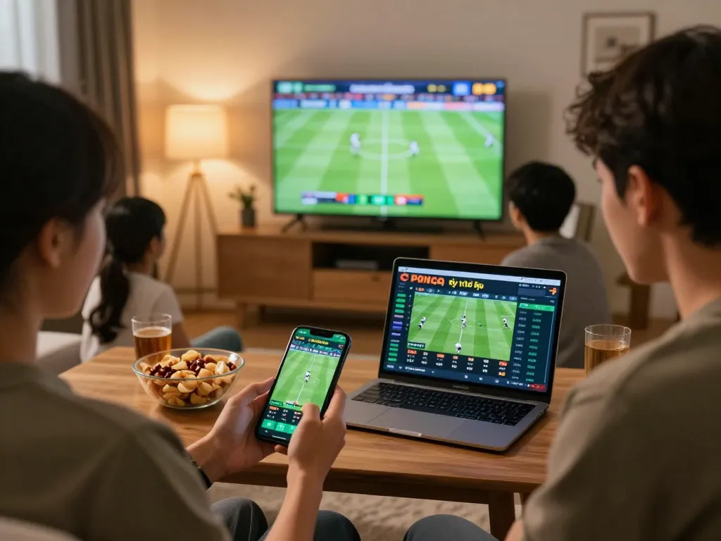 Person placing sports bets on tỷ lệ kèo using smartphone while watching live game with friends.