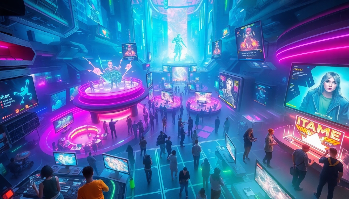 Dynamic gaming arena scene showcasing rr9935.com in a futuristic setting with ambient lighting and diverse gamers.