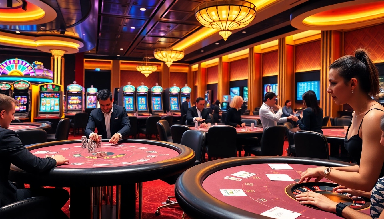 NK88 onl showcases a vibrant casino atmosphere with players betting on blackjack and poker, capturing the excitement of gambling.
