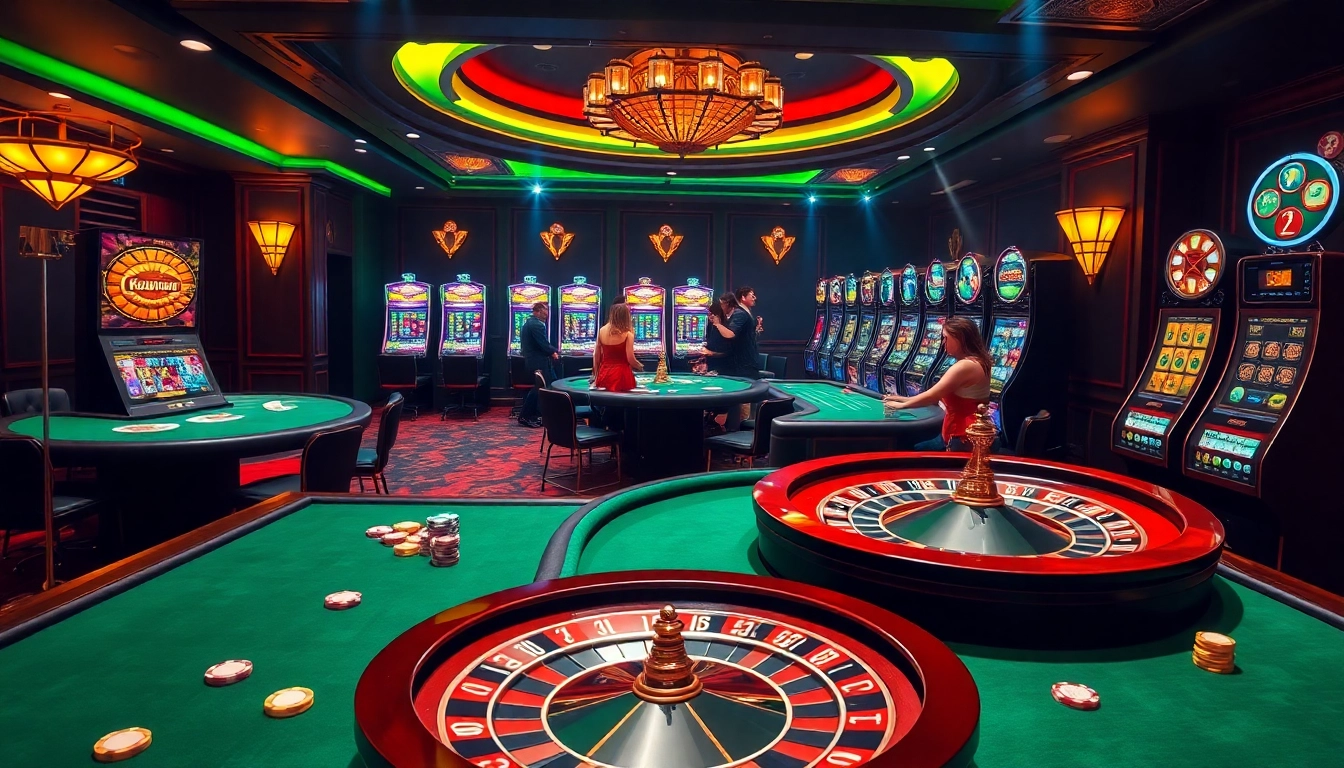 Kuwin gaming environment showcasing vibrant casino tables, roulette wheel, and engaged players.