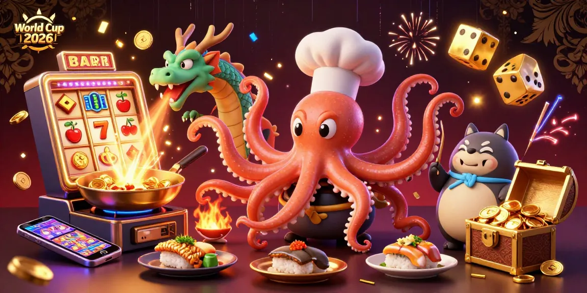 Experience the World Cup 2026 excitement with vibrant slot elements, an octopus chef, and a dragon in a casino setting.