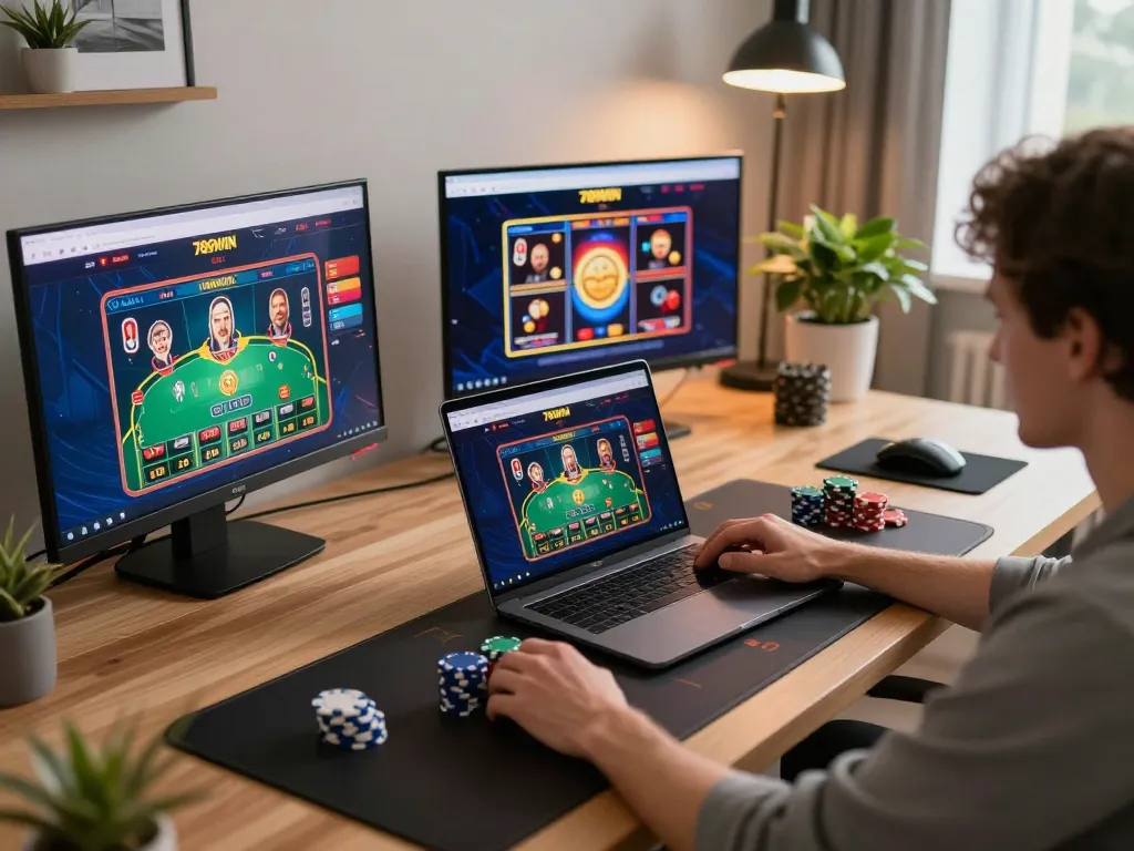Engaging gameplay on 789WIN casino site featuring poker and slots in a cozy home gaming setup