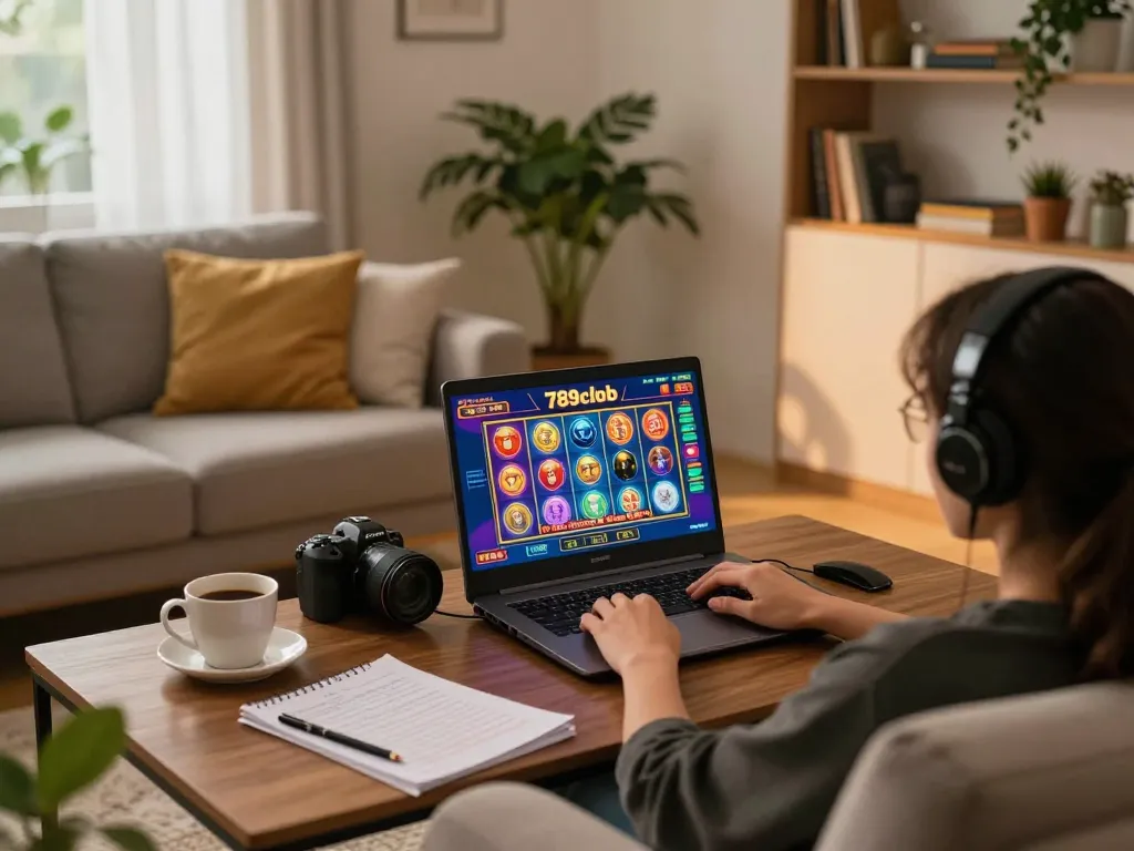 Playing 789club on a laptop during a cozy home gaming session with coffee and strategy notes.