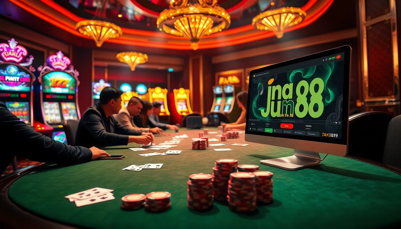 Experience the excitement of link vào jun88 with vibrant casino scenes, poker games, and thrilling slot machines.