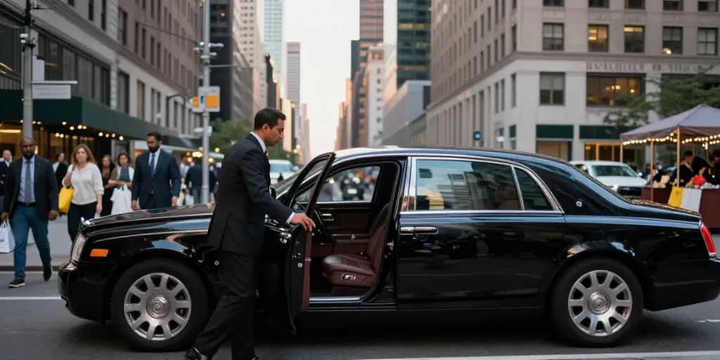 Chauffeur service NYC with luxury black car and professional chauffeur in urban New York.
