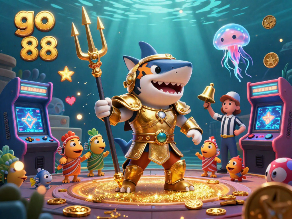 Experience the excitement of go 88 with a vibrant underwater casino, featuring a tiger shark gladiator and game elements.