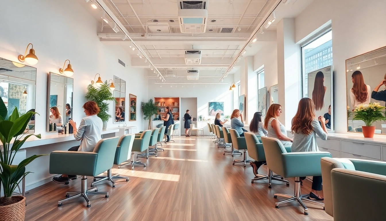 Professional hair salons showcasing a modern, vibrant interior with stylists and clients engaged.