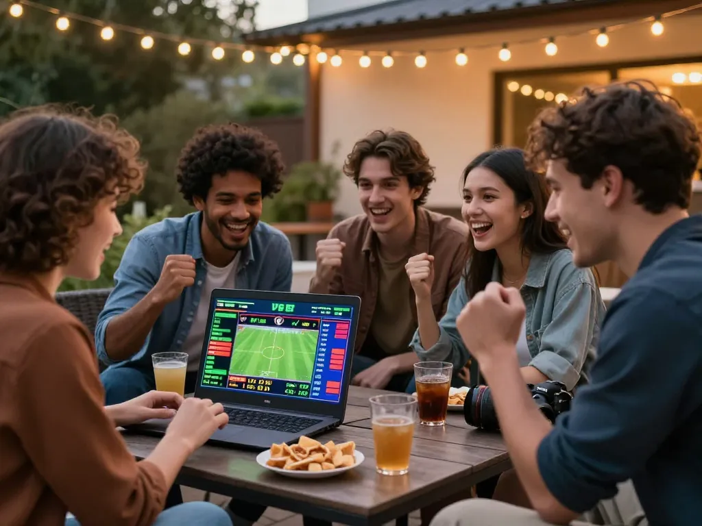 Group of friends enjoying V9BET live sports betting experience on a terrace