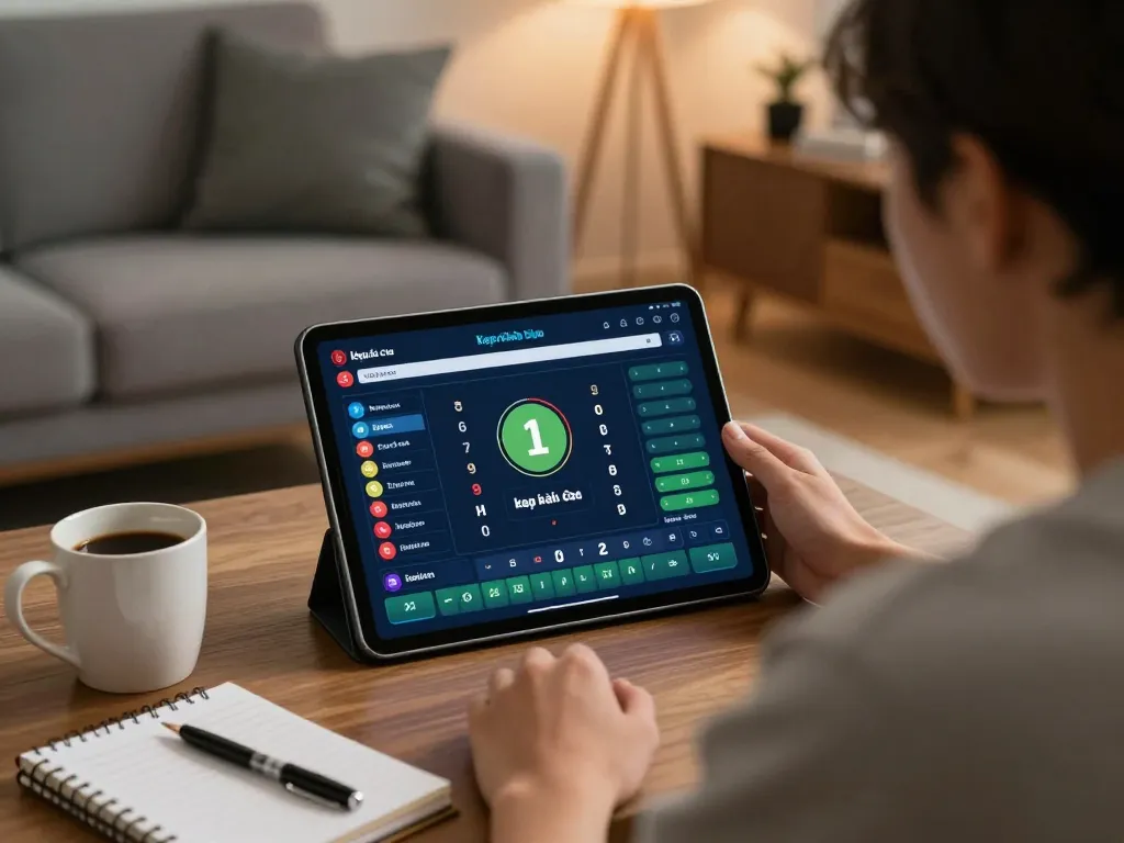 Engaging tablet view of kèo nhà cái for online sports betting with warm home setting.