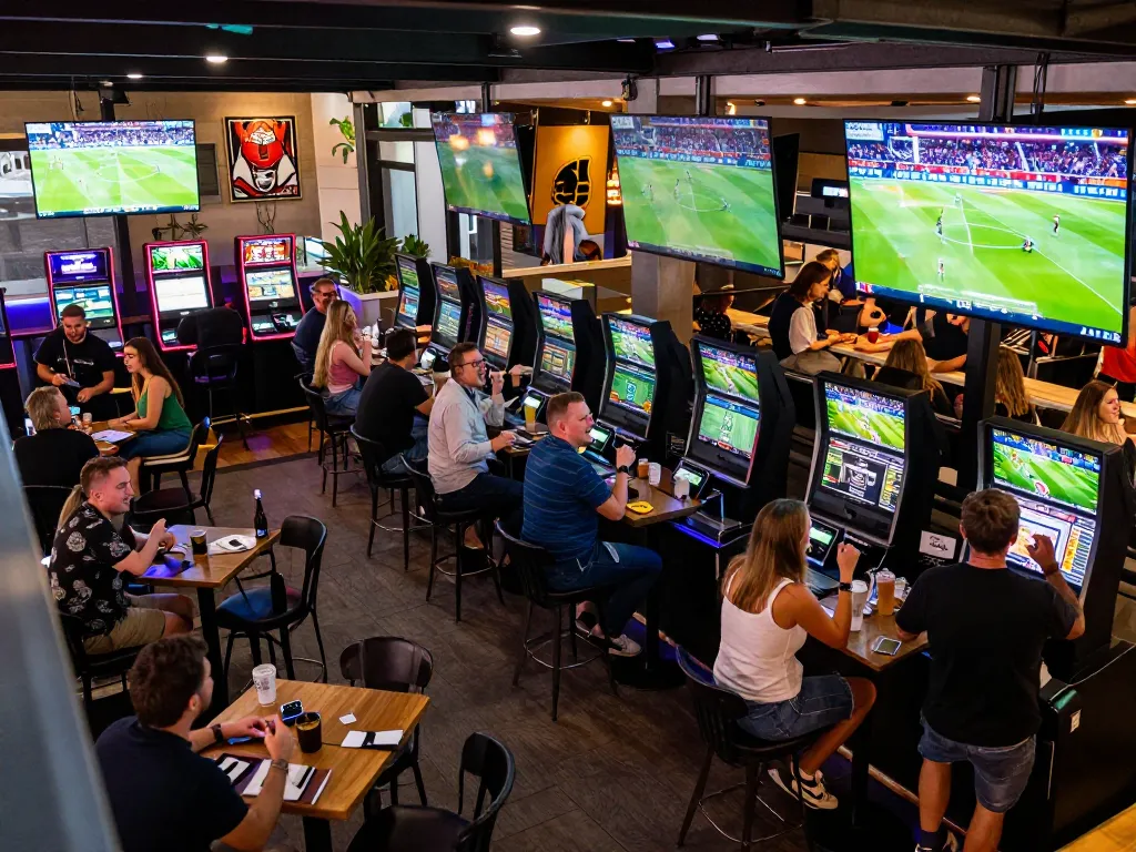 Patrons excitedly engaging in keo nha cai betting at a sports bar with TVs displaying live events.