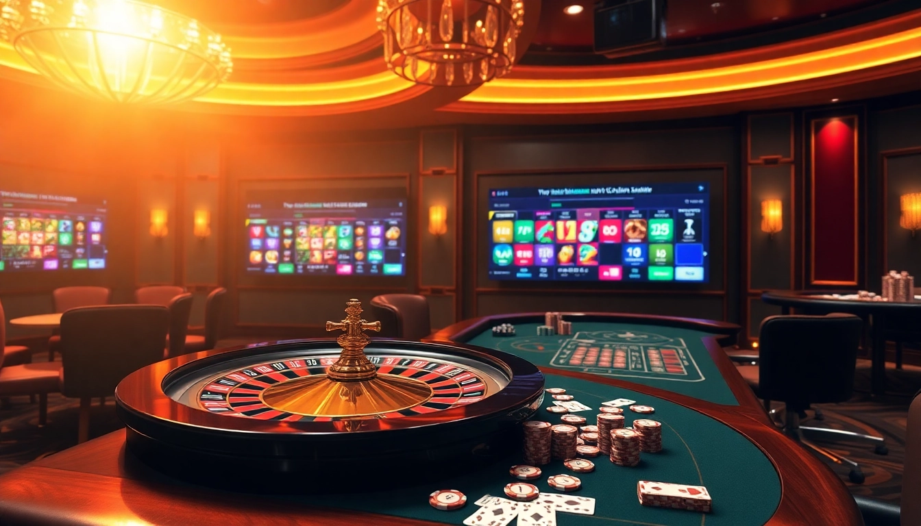 Engage in thrilling games at https://nohu90vn.net/ with a vibrant casino scene featuring a roulette wheel and poker table.