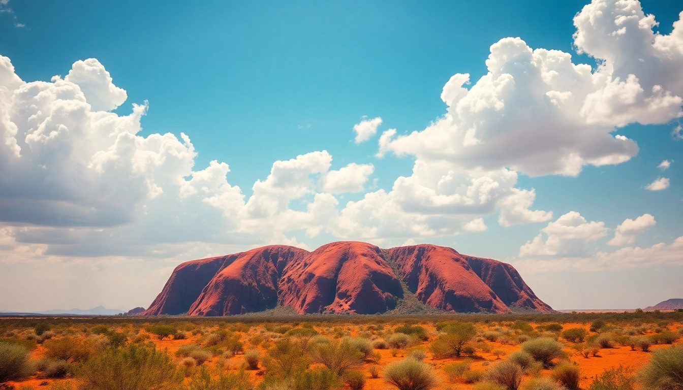 Experience the breathtaking beauty of Australia with Uluru amidst lush greenery.