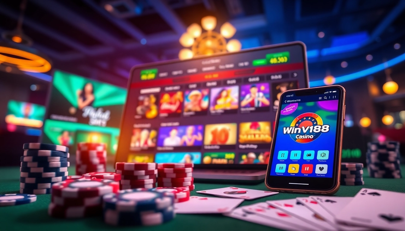 Experience the excitement of online betting at winvn88.live with a vibrant casino scene showcasing various games.