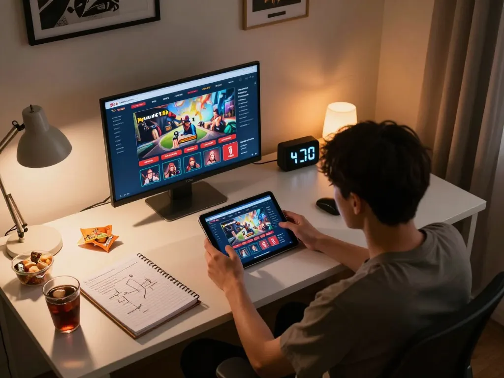 Pucuk138 player engaging in online gaming with a tablet and strategy notes in a cozy home office