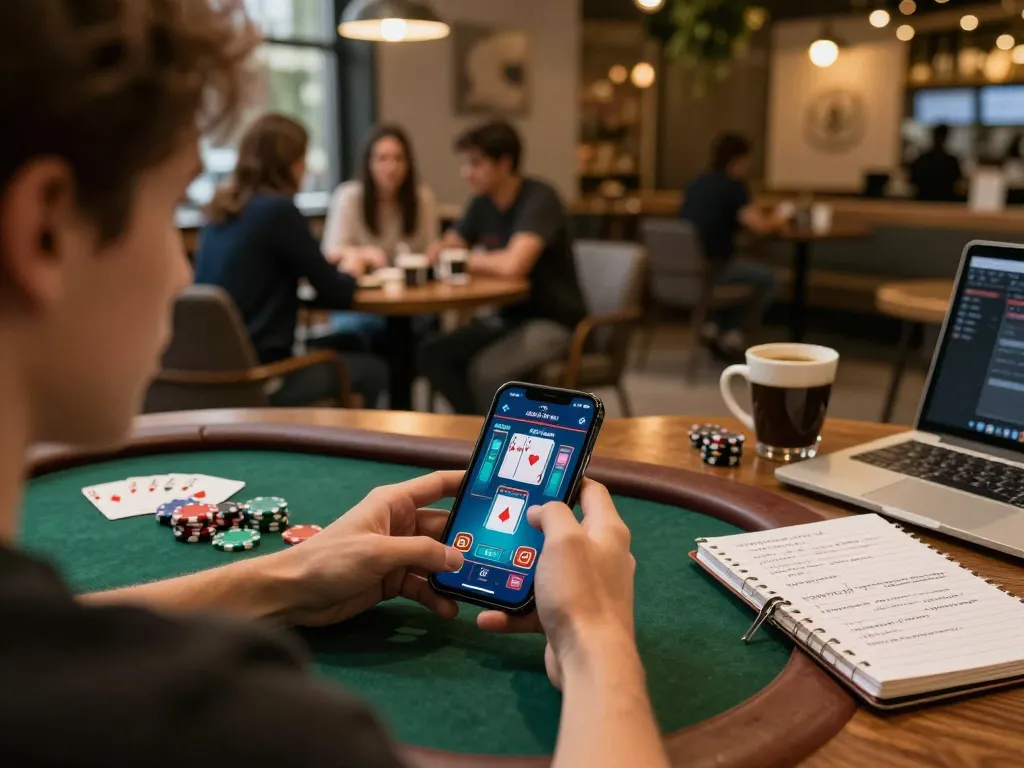 Engaging in online poker on MrPokies77 app, showcasing dynamic gameplay and café ambiance