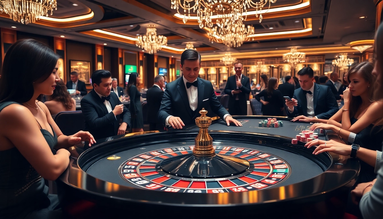 High-stakes gamblers at a luxurious roulette table experiencing the thrill of winning opportunities at https://fun88.supply/.