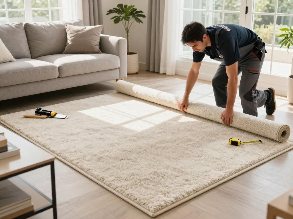 Carpet fitters near me installing plush carpets in a cozy living room, showcasing professionalism and attention to detail.