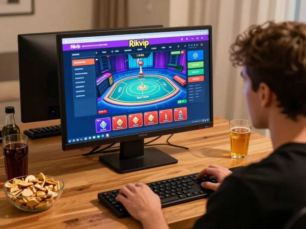 Players enjoying strategic gameplay on the Rikvip casino platform from home, with a cozy setting.