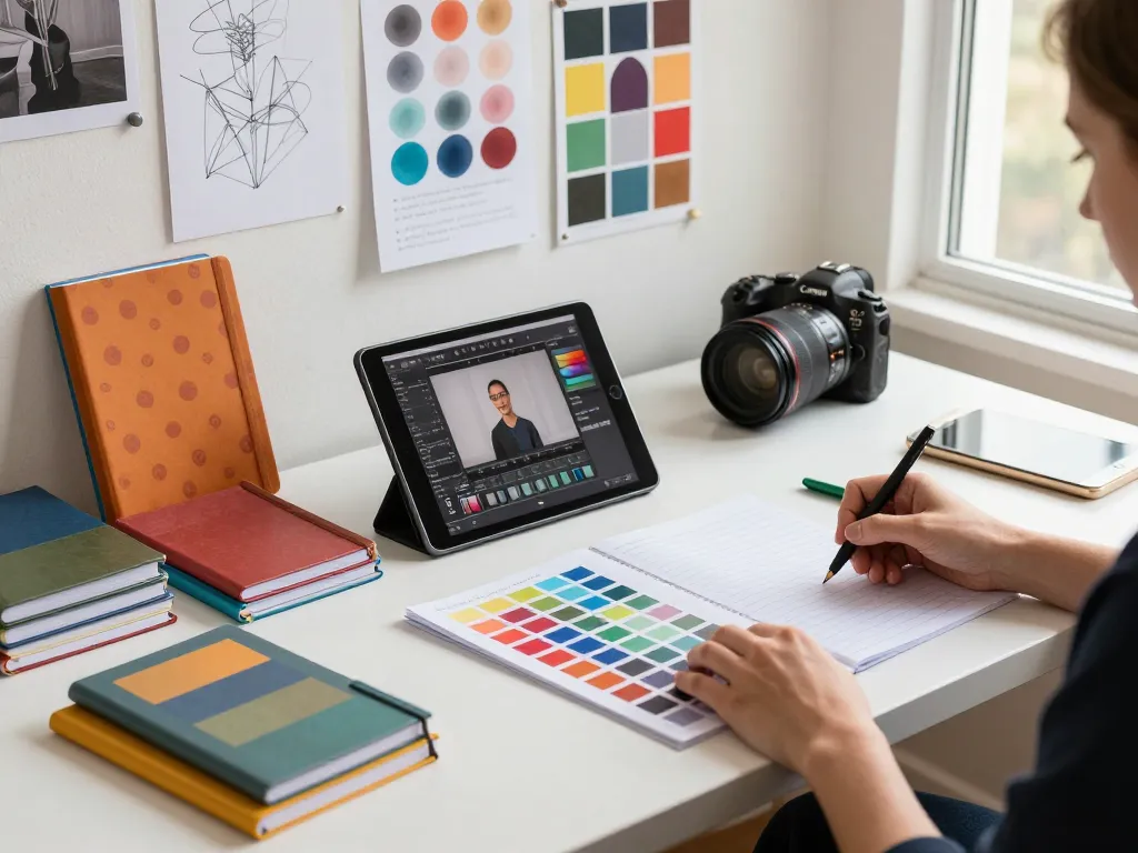 Custom printed notebooks displayed in a vibrant creative workspace.