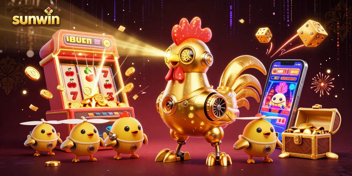 Engage in thrilling Sunwin casino games with a golden rooster robot and dynamic elements!