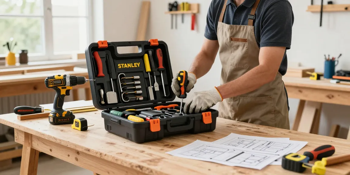 Organizing a stanley rolling tool box filled with hand tools in a bright workshop.